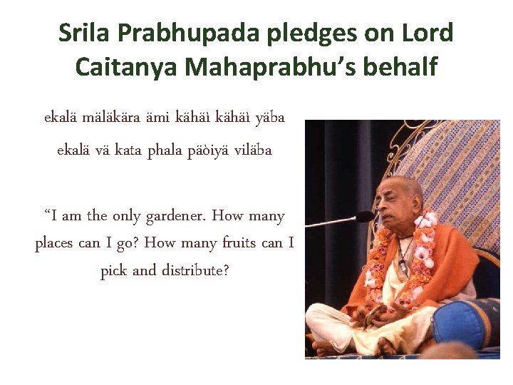 Srila Prabhupada pledges on Lord Caitanya Mahaprabhu’s behalf ekalä mäläkära ämi kähäì yäba ekalä