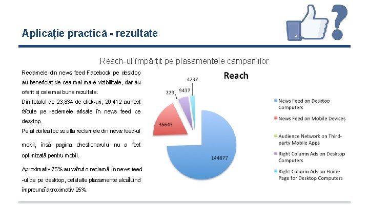 Aplicație practică - rezultate Reach-ul împărțit pe plasamentele campaniilor Reclamele din news feed Facebook Aplicație practică - rezultate Reach-ul împărțit pe plasamentele campaniilor Reclamele din news feed Facebook