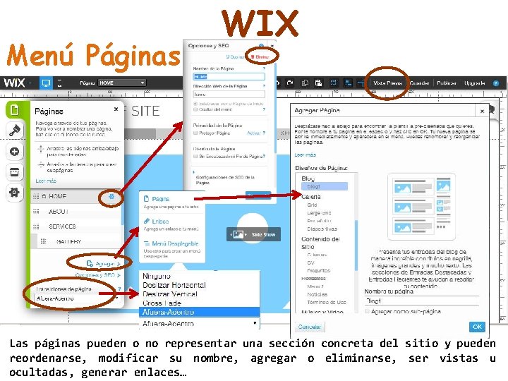 Menú Páginas WIX Las páginas pueden o no representar una sección concreta del sitio