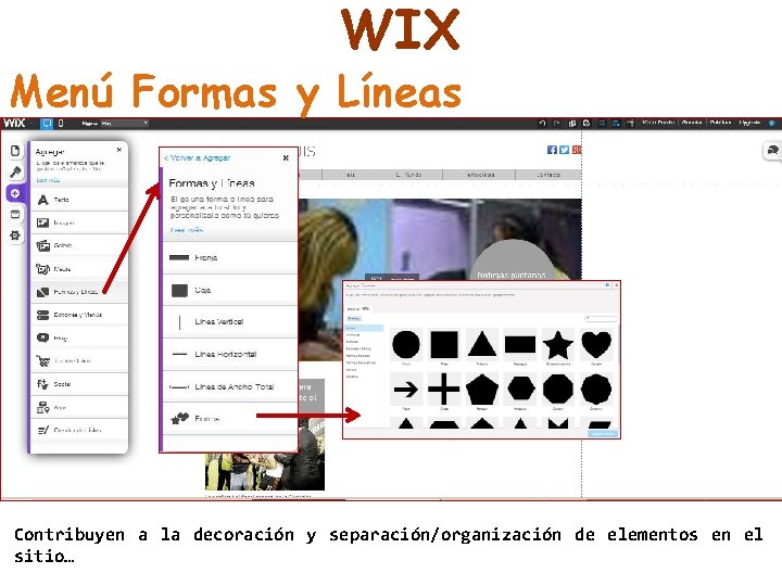 WIX Menú Formas y Líneas Contribuyen a la decoración y separación/organización de elementos en