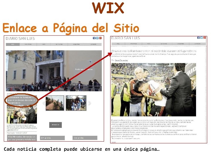 WIX Enlace a Página del Sitio Cada noticia completa puede ubicarse en una única