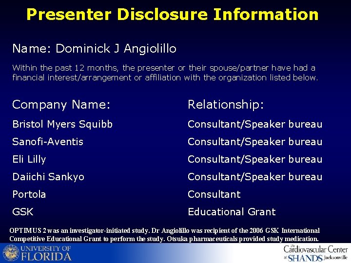 Presenter Disclosure Information Name: Dominick J Angiolillo Within the past 12 months, the presenter