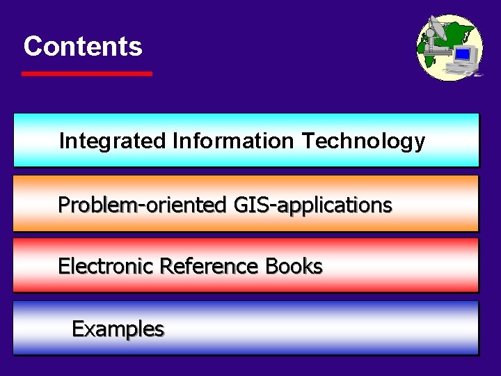 Contents Integrated Information Technology Problem-oriented GIS-applications Electronic Reference Books Examples 