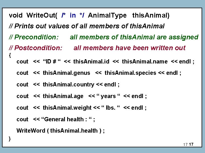 void Write. Out( /* in */ Animal. Type this. Animal) // Prints out values void Write. Out( /* in */ Animal. Type this. Animal) // Prints out values