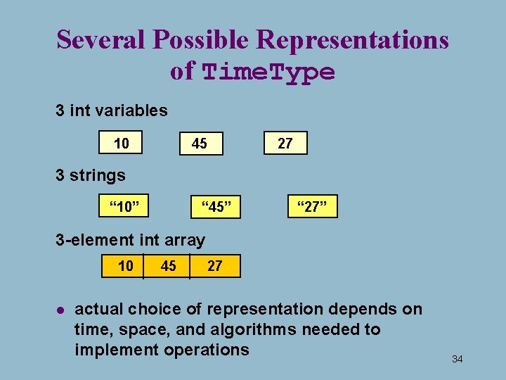 Several Possible Representations of Time. Type 3 int variables 10 45 27 3 strings Several Possible Representations of Time. Type 3 int variables 10 45 27 3 strings