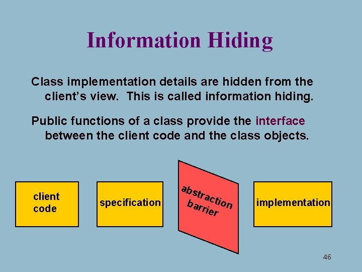 Information Hiding Class implementation details are hidden from the client’s view. This is called Information Hiding Class implementation details are hidden from the client’s view. This is called