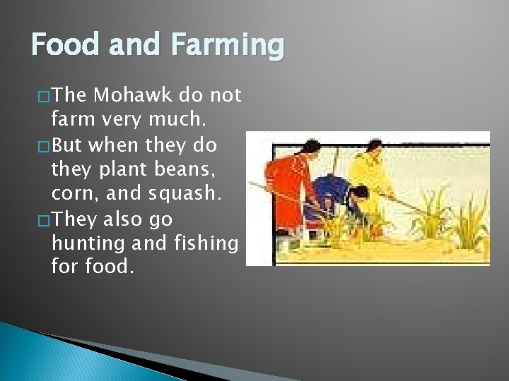 Food and Farming � The Mohawk do not farm very much. � But when