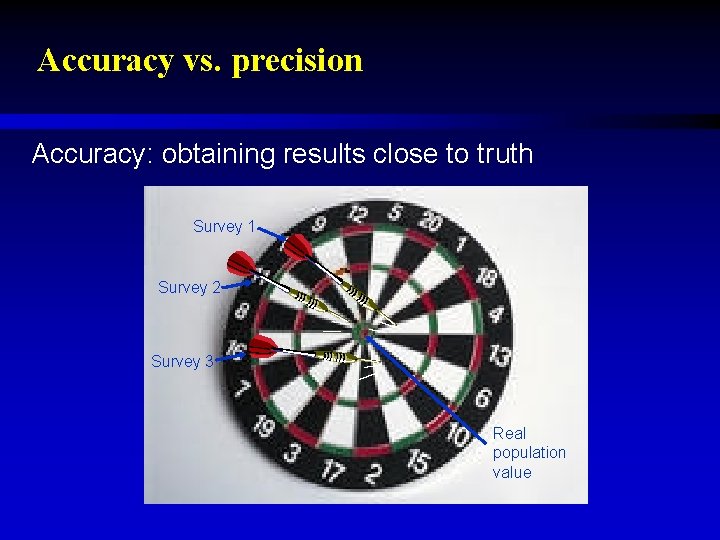 Accuracy vs. precision Accuracy: obtaining results close to truth Survey 1 Survey 2 Survey