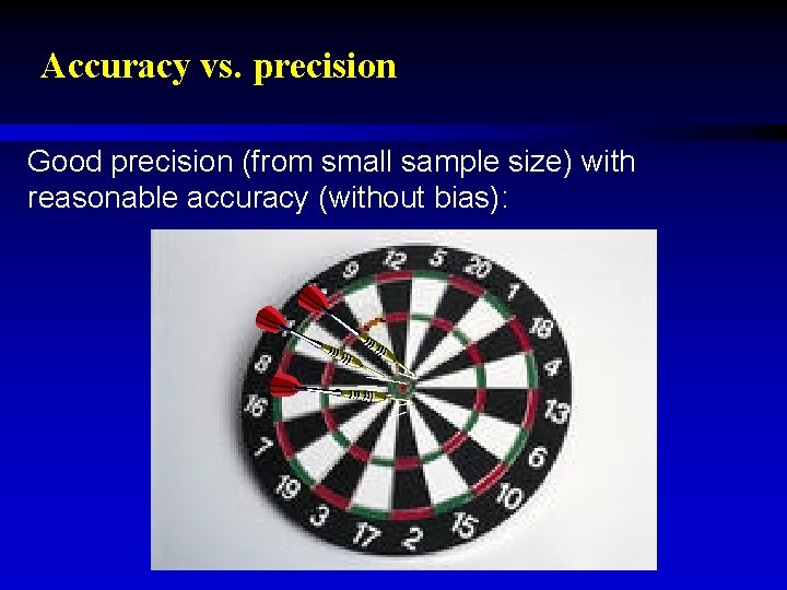 Accuracy vs. precision Good precision (from small sample size) with reasonable accuracy (without bias):