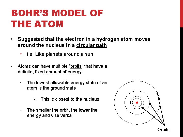BOHR’S MODEL OF THE ATOM • Suggested that the electron in a hydrogen atom