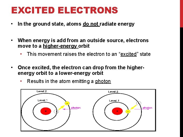 EXCITED ELECTRONS • In the ground state, atoms do not radiate energy • When