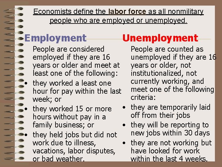 Economists define the labor force as all nonmilitary people who are employed or unemployed.