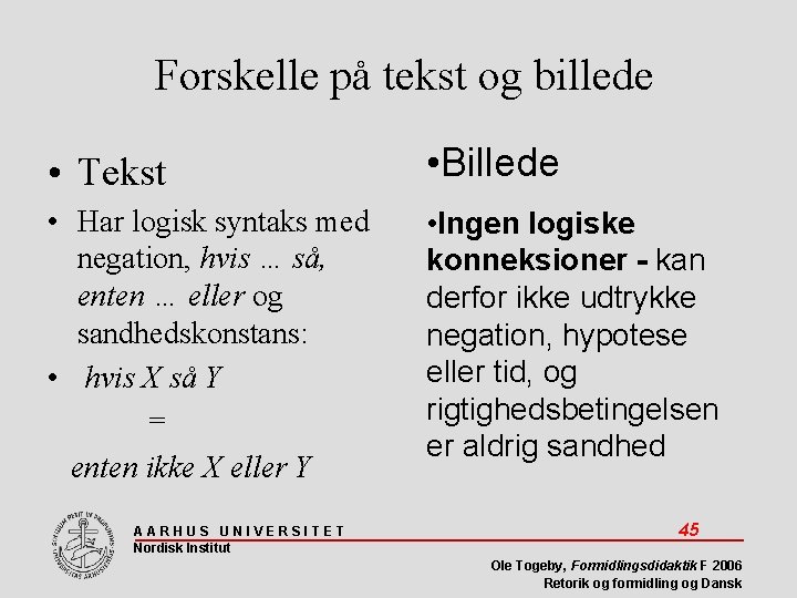 Forskelle på tekst og billede • Tekst • Billede • Har logisk syntaks med