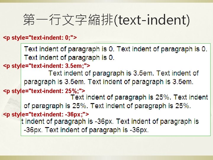 第一行文字縮排(text-indent) <p style="text-indent: 0; "> <p style="text-indent: 3. 5 em; "> <p style="text-indent: 25%;