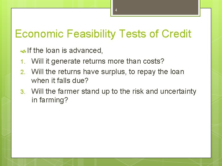 4 Economic Feasibility Tests of Credit If 1. 2. 3. the loan is advanced,