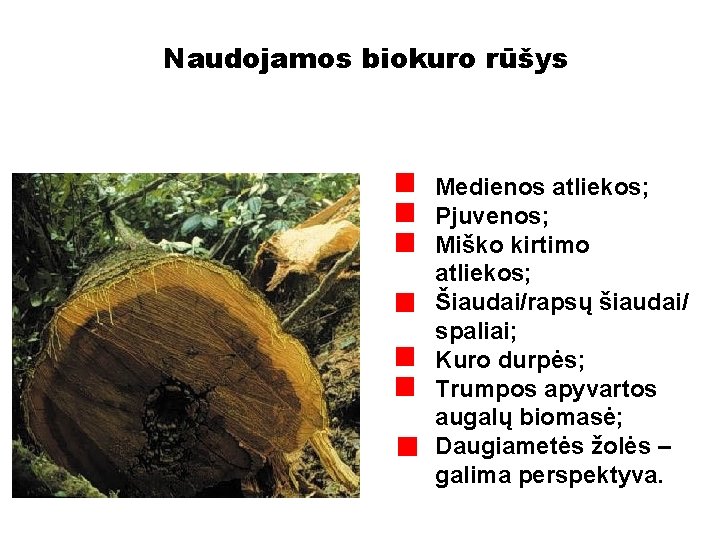 Naudojamos biokuro rūšys Medienos atliekos; Pjuvenos; Miško kirtimo atliekos; Šiaudai/rapsų šiaudai/ spaliai; Kuro durpės;