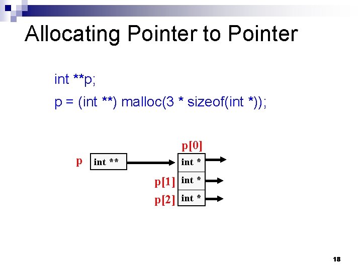 Allocating Pointer to Pointer int **p; p = (int **) malloc(3 * sizeof(int *));