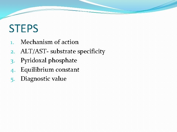 STEPS 1. 2. 3. 4. 5. Mechanism of action ALT/AST- substrate specificity Pyridoxal phosphate