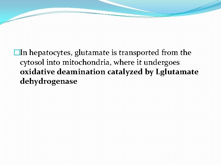 �In hepatocytes, glutamate is transported from the cytosol into mitochondria, where it undergoes oxidative