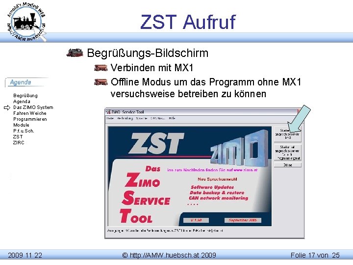 ZST Aufruf Begrüßungs-Bildschirm Begrüßung Agenda Das ZIMO System Fahren Weiche Programmieren Module P. f.