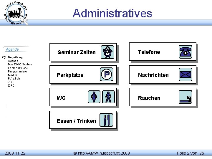 Administratives Begrüßung Agenda Das ZIMO System Fahren Weiche Programmieren Module P. f. u. Sch.