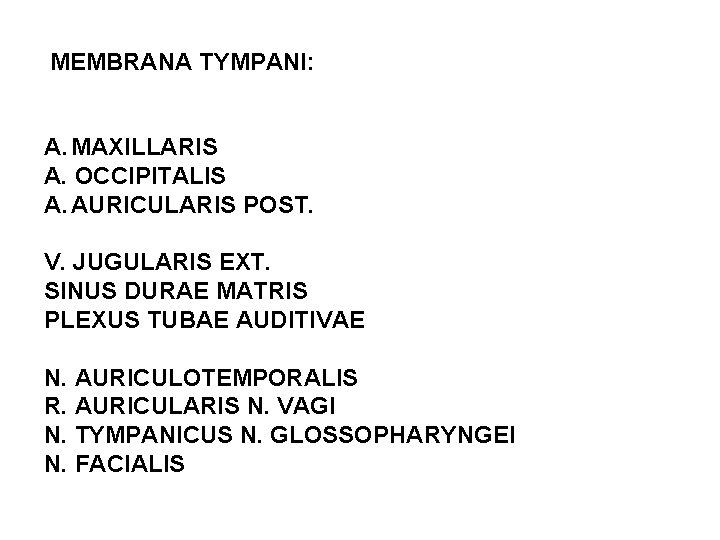 MEMBRANA TYMPANI: A. MAXILLARIS A. OCCIPITALIS A. AURICULARIS POST. V. JUGULARIS EXT. SINUS DURAE