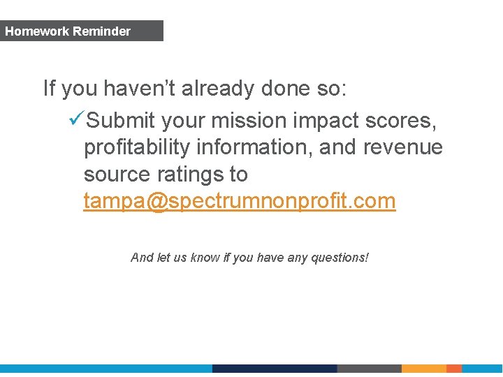 Homework Reminder If you haven’t already done so: üSubmit your mission impact scores, profitability