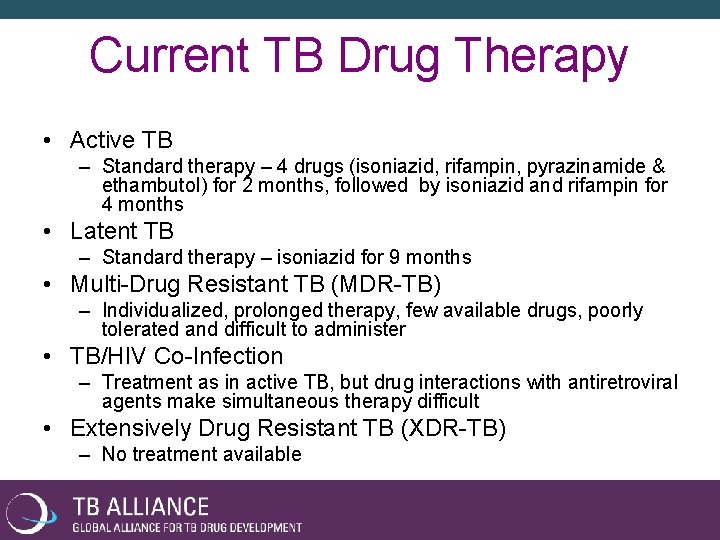 Current TB Drug Therapy • Active TB – Standard therapy – 4 drugs (isoniazid,