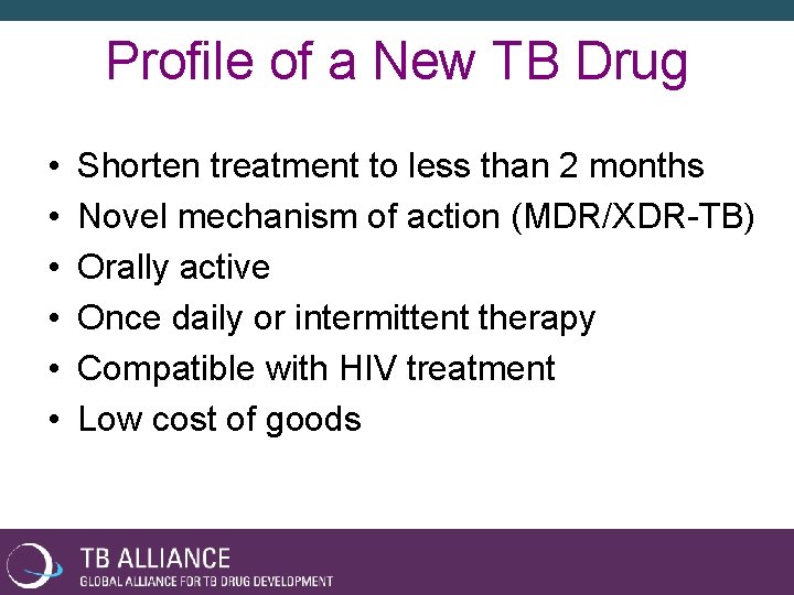 Profile of a New TB Drug • • • Shorten treatment to less than