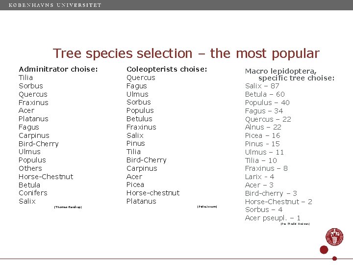 Tree species selection – the most popular Adminitrator choise: Tilia Sorbus Quercus Fraxinus Acer