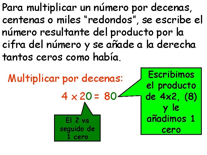 Para multiplicar un número por decenas, centenas o miles “redondos”, se escribe el número