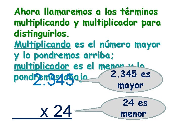 Ahora llamaremos a los términos multiplicando y multiplicador para distinguirlos. Multiplicando es el número