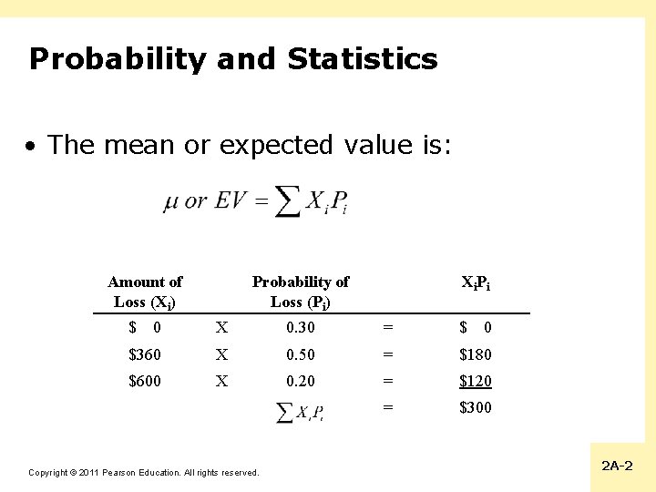 Probability and Statistics • The mean or expected value is: Amount of Loss (Xi)