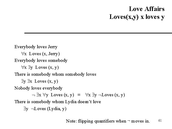 Love Affairs Loves(x, y) x loves y Everybody loves Jerry x Loves (x, Jerry)