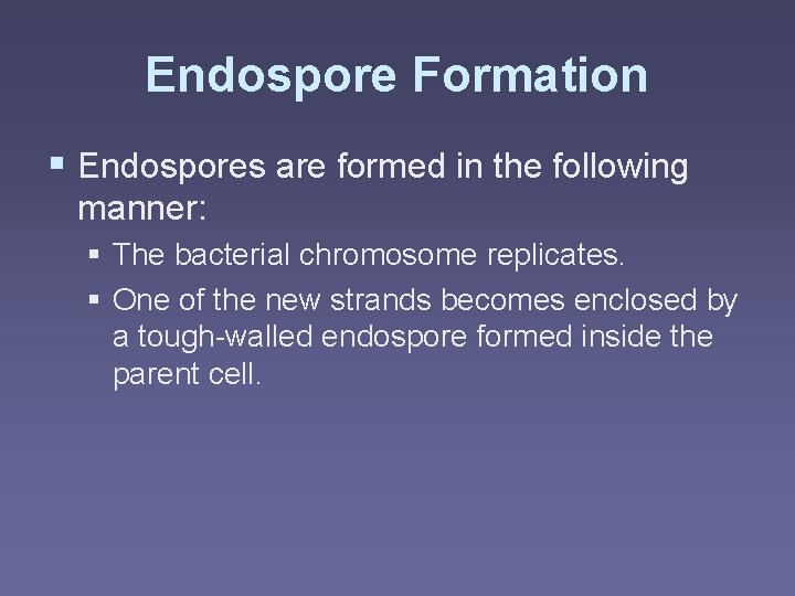 Endospore Formation § Endospores are formed in the following manner: § The bacterial chromosome