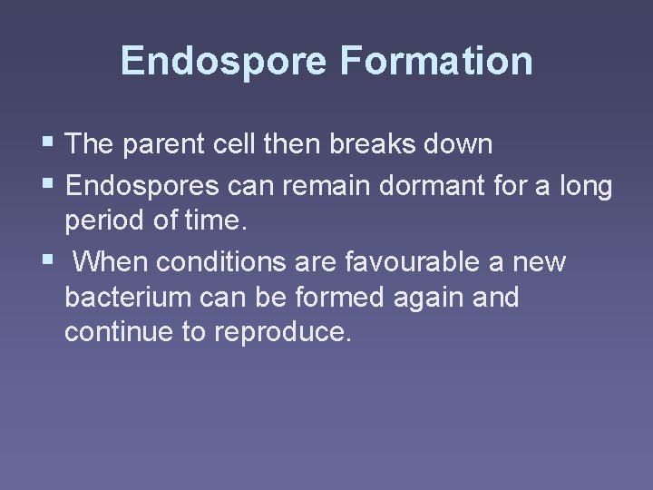 Endospore Formation § The parent cell then breaks down § Endospores can remain dormant