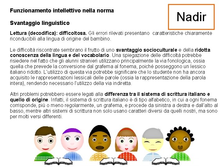 Funzionamento intellettivo nella norma Svantaggio linguistico Nadir Lettura (decodifica): difficoltosa. Gli errori rilevati presentano