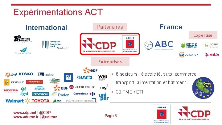 Expérimentations ACT International Partenaires France Expertise Entreprises • 6 secteurs : électricité, auto, commerce,