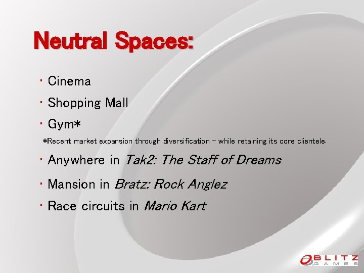 Neutral Spaces: • Cinema • Shopping Mall • Gym* *Recent market expansion through diversification