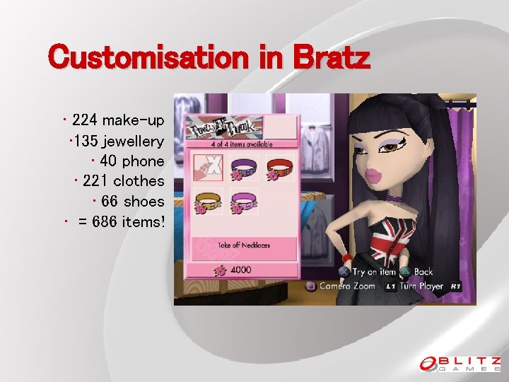 Customisation in Bratz • 224 make-up • 135 jewellery • 40 phone • 221