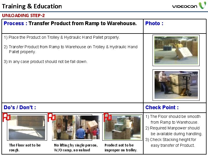 Training & Education UNLOADING STEP-2 Process : Transfer Product from Ramp to Warehouse. Photo