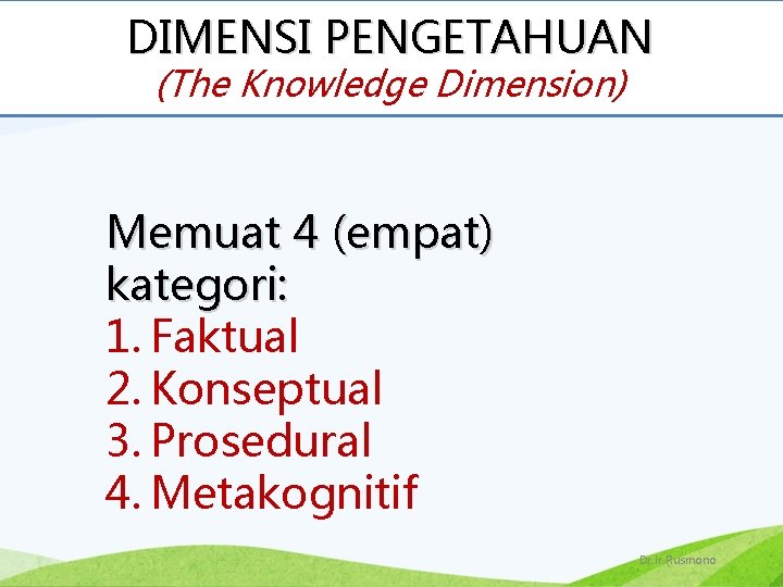 DIMENSI PENGETAHUAN (The Knowledge Dimension) Memuat 4 (empat) kategori: 1. Faktual 2. Konseptual 3.