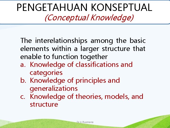 PENGETAHUAN KONSEPTUAL (Conceptual Knowledge) The interelationships among the basic elements within a larger structure