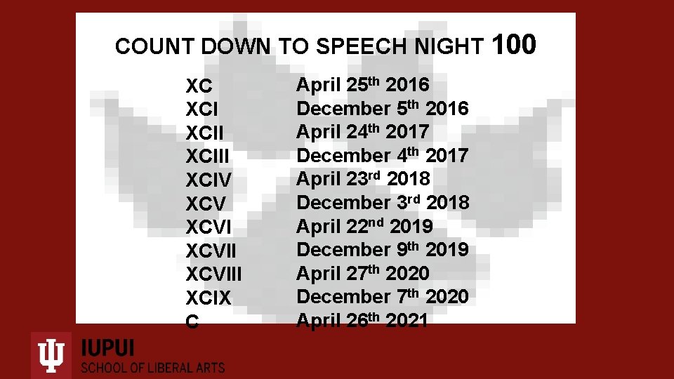 COUNT DOWN TO SPEECH NIGHT 100 XC XCIII XCIV XCVIII XCIX C April 25