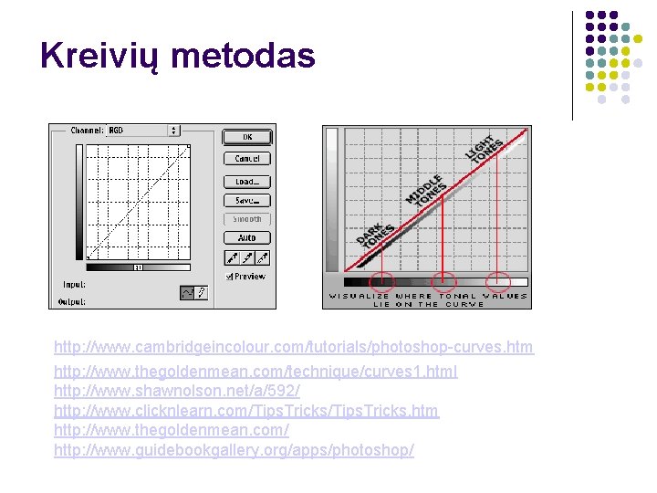 Kreivių metodas http: //www. cambridgeincolour. com/tutorials/photoshop-curves. htm http: //www. thegoldenmean. com/technique/curves 1. html http:
