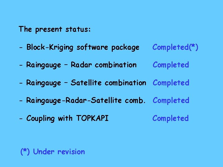 The present status: - Block-Kriging software package Completed(*) - Raingauge – Radar combination Completed