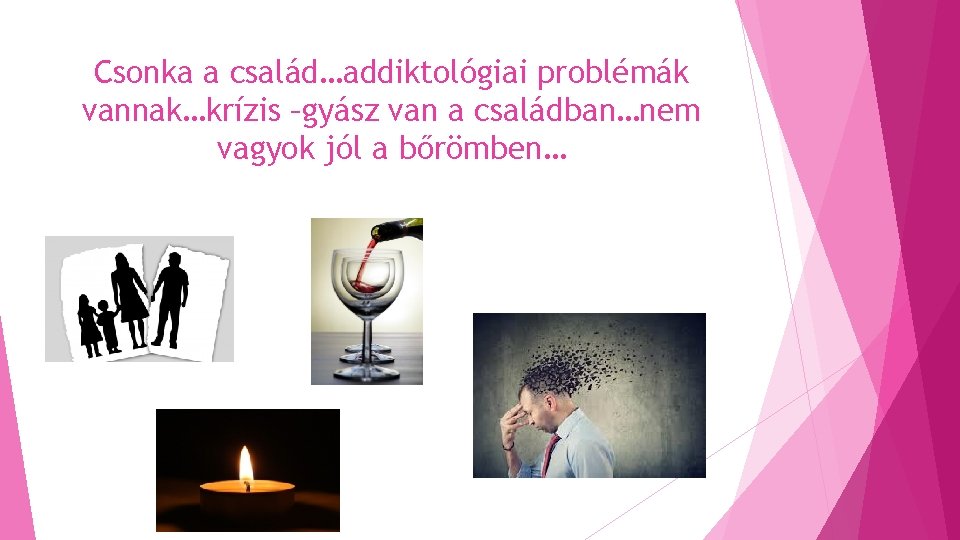 Csonka a család…addiktológiai problémák vannak…krízis –gyász van a családban…nem vagyok jól a bőrömben… Csonka a család…addiktológiai problémák vannak…krízis –gyász van a családban…nem vagyok jól a bőrömben…