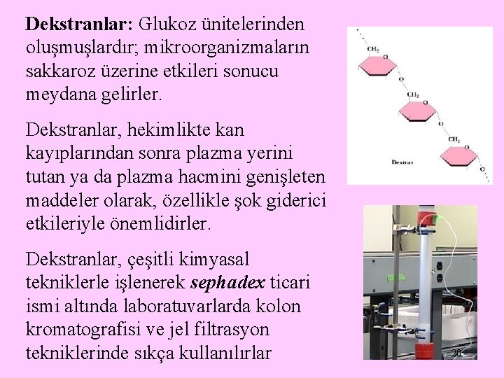 Dekstranlar: Glukoz ünitelerinden oluşmuşlardır; mikroorganizmaların sakkaroz üzerine etkileri sonucu meydana gelirler. Dekstranlar, hekimlikte kan