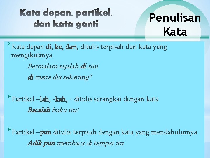 Penulisan Kata *Kata depan di, ke, dari, ditulis terpisah dari kata yang mengikutinya Bermalam