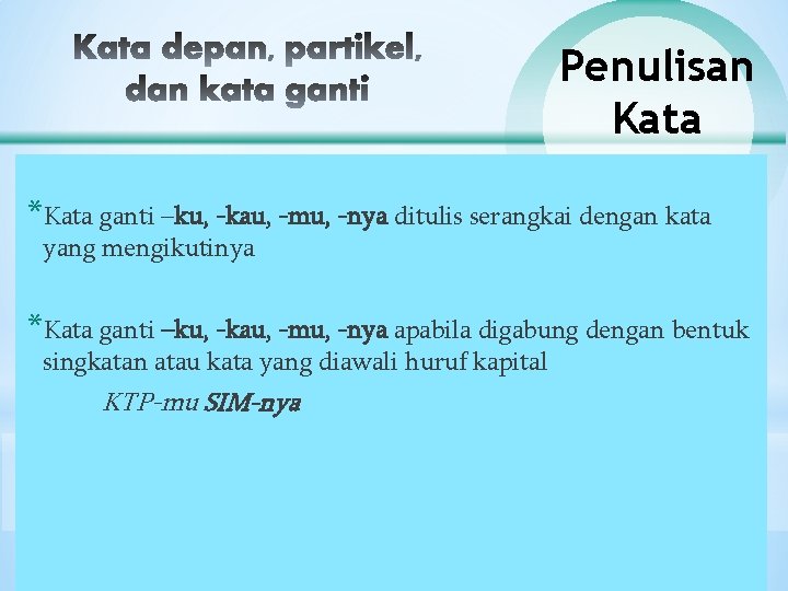 Penulisan Kata *Kata ganti –ku, -kau, -mu, -nya ditulis serangkai dengan kata yang mengikutinya